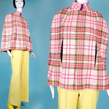 1960s mod plaid poncho with arm holes. Pink & green. (Size M) 