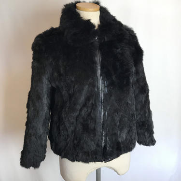 70’s-80’s short black fur jacket~ size Small~ 1980’s vibes bomber style cut~ zipper front real rabbit fur coat~ 