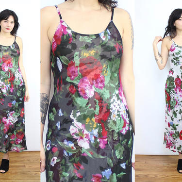 Vintage 90's Floral Reversible Slip Dress / 1990's Floral Slip Dress / Dark Floral / Women's Size Medium 