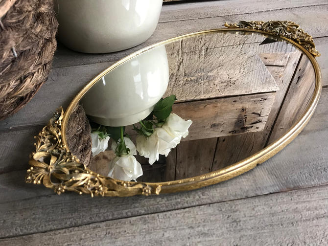 Mid Century Dresser Mirror Tray, Vintage Gold Mirrored Tray