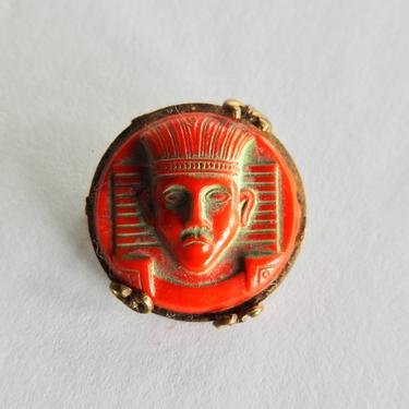 Deco Egyptian Revival Red Czech Glass Pharaoh Head Brass Brooch 