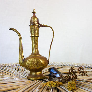 Etched 10&amp;quot; brass bud vase, pitcher, or cruet with lid, Vintage India aftaba for bohemian decor or altar offering, genie lamp 