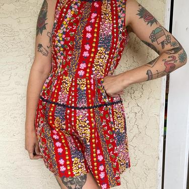 1970s bright ditsy floral sleeveless romper 