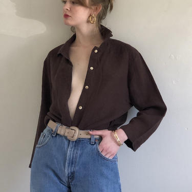 90s linen blouse / vintage brown woven linen blouse over shirt resort wear | M L 