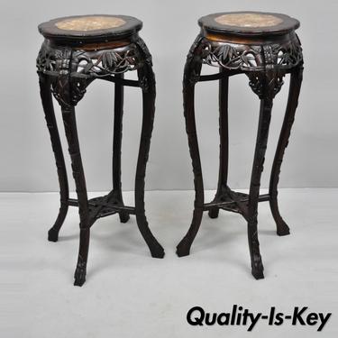 Pair of Carved Rosewood Marble Top Oriental 36" Pedestal Plant Stand Tables