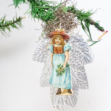Antique Girl Die Cut Scrap on Silver Foil Leaf with Tinsel Spray Christmas Ornament, Vintage Decor 
