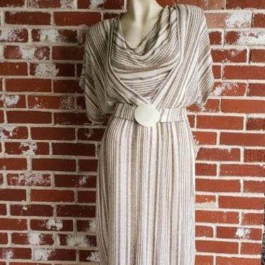 Vintage Tan White Stripe 80s  Woven Dress M/L Dolman Sleeve 