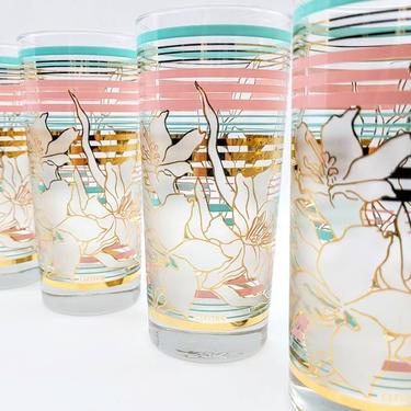 Vintage Culver Floral Pastel and Gold Highball Drinking Cocktail Glasses 
