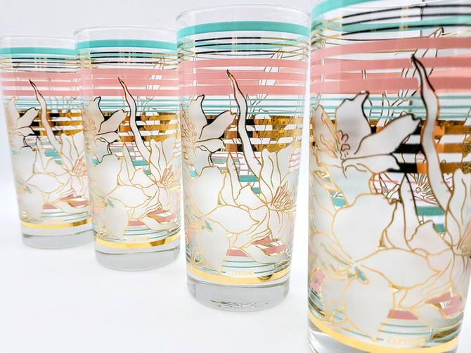 Vintage Culver Floral Pastel and Gold Highball Drinking Cocktail Glasses 