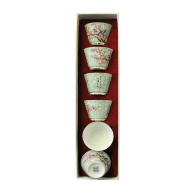 Chinese Light Green Birds Graphic Porcelain Handmade Tea Cup 6 pieces Set ws593E 