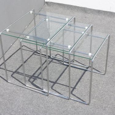 Three Vintage Contemporary Style Chrome &amp; Glass Top Nesting Tables End Tables 