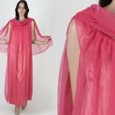 Chiffon Magenta Grecian Maxi Dress / Vintage 70s Burgundy Runway Dress / 1970s Red Carpet Draped Cocktail Party Maxi Dress 