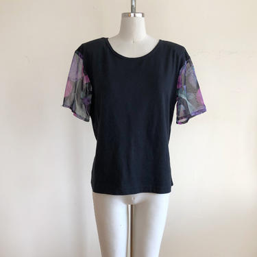 Black Tee Shirt with Floral Print Chiffon Sleeves - 1980s 