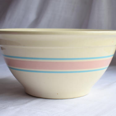 Vintage Ribbed Mixing Bowl Hall Pottery Pink Rose Pattern Farmhouse Kitchen