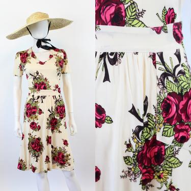1940s rayon jersey ROSE PRINT floral dress xs | new summer 