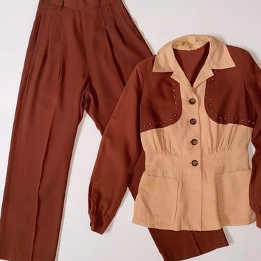 1940s Pant Set / 40s Sportswear Gabardine Trouser and Jacket Two Piece Set 