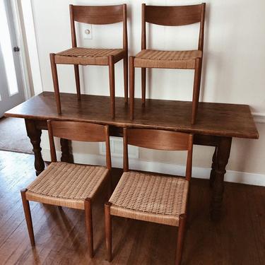 Mid Century Danish Woven Chairs, Danish Teak Woven Dining Chairs, Poul Volther for Frem Rojle Teak Dining Chairs, set of 4 teak wood chairs 