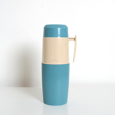 vintage turquoise thermos with built in cup 