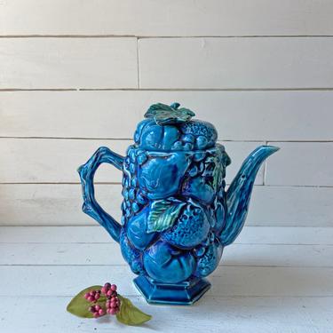 Vintage Japanese Inarco Mood Indigo E-2430 Ceramic Teapot // Blue Fruit Coffee Pot // Retro, Kitschy Teapot Collector // Perfect Gift 