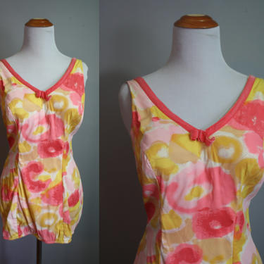 1960's Swimsuit // Yellow &amp; Pink Floral // Small 