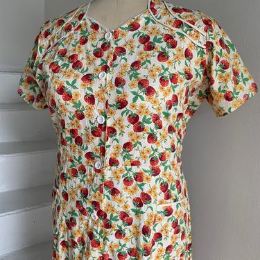 Late 1930s Dustbowl Strawberry Print House/Work Dress Vintage Voluptuous 48 Bust 