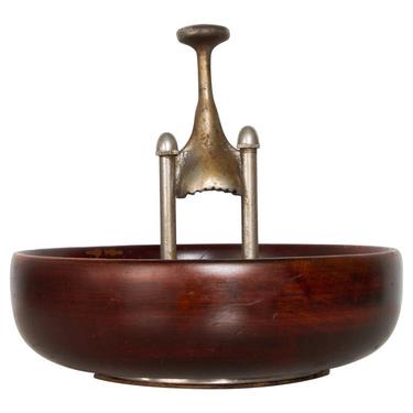 1960s Modernist Design Elegant Wood Nut Bowl + Nutcracker USA 