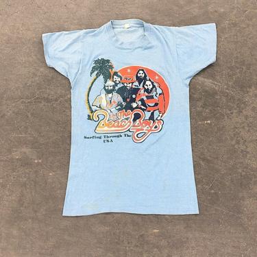 Vintage Beach Boys Tee Retro 1970s Surfing Through the USA + Size Small + Surf + Blue and Orange + Band Tour T-Shirt + Unisex Apparel 