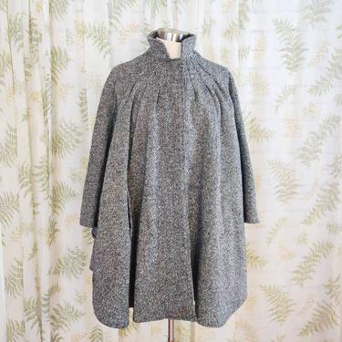 Vintage Grey Wool Cape // Classic High Neck Cloak with Pockets 