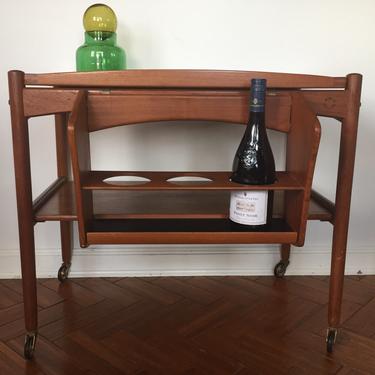 Vintage Danish Modern Teak Rolling Bar Cart with Removable Tray and Bottle Caddy