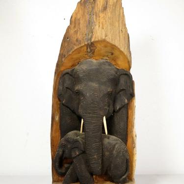 Vtg CARVED TEAK WOOD ELEPHANT HEAD ART SCULPTURE 16