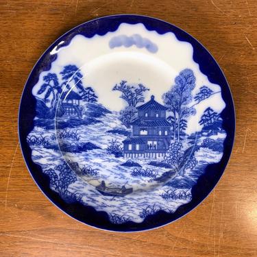 Vintage Japanese Flow Blue Dish Scenery Blue and White China 