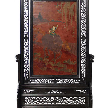 Chinese Lacquer Kid Ox Flowers Drawing Table Top Screen Display cs2444E 