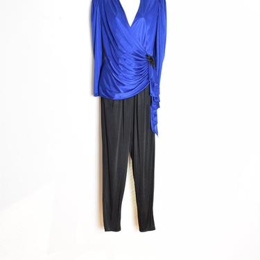 vintage 80s jumpsuit blue black liquid draped one piece outfit romper pants M clothing 