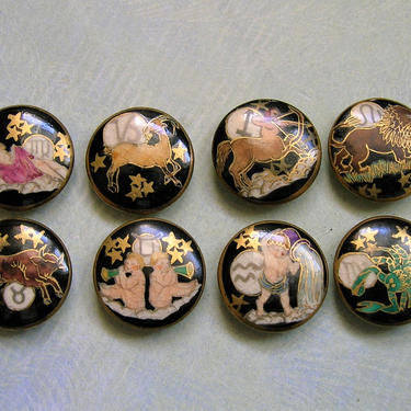 Eight Vintage Japanese Porcelain Buttons with Zodiac Signs, Japanese Satsuma Buttons with Zodiac Signs, Vintage Satsuma (#3825) 