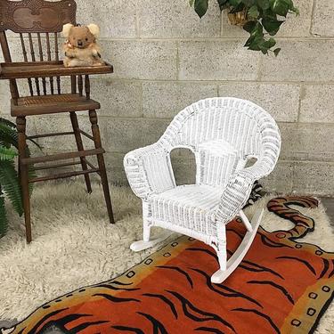 LOCAL PICKUP ONLY Vintage Kids Rocking Chair Retro 1980s White Woven Wicker Bohemian Rocker Small Moving Chair for Children 