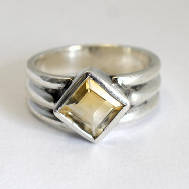 70's Modernist sterling citrine asymmetrical size 6 ring, bold unusual 925 silver yellow princess cut gem mod solitaire 