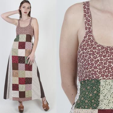 Vintage 70s Bohemian Patchwork Dress / Colorful Quilt Square Calico Florals / Low Cut Prairie Festival Maxi Dress 