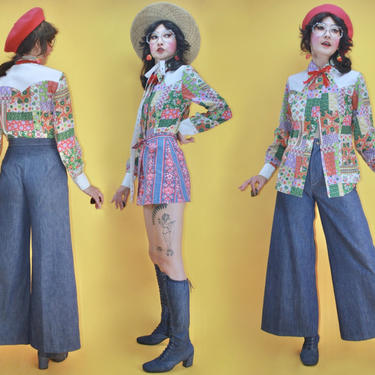 Vintage 1970s 70s Ranch Rags Groovy Mix Floral Patchwork Print Western Shirt/SZ S M/1960s 60s MOD Boho Hippie Power Child Disco Glam Dagger 