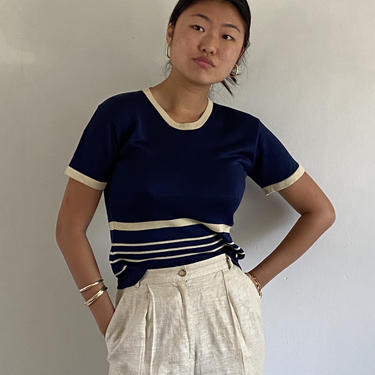 90s silk sweater tee / vintage midnight navy blue striped silk ribbed knit short sleeve cropped ringer sweater tee | S M 