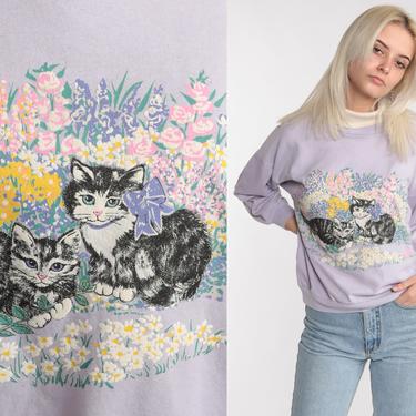 Cat Sweatshirt Lavender Floral Garden Kitten Sweater 80s Animal Sweatshirt Vintage 90s Graphic Retro Puffy Paint Print Mock Neck Small 