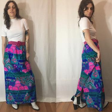Vintage 1970s Floral Maxi Skirt | Tropical Abstract Patchwork Floral Print Faux Barkcloth Skirt Boho Hippie, S/M | Alice Polynesian Fashions 