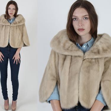 60s Natural Blonde Mink Fur Capelet / 1960s Real Ivory Mink Cape / Vintage Huge Draped Fur Shawl Collar / Womens Cropped Lined Shrug 