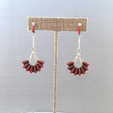 CORAL LINE Zuni Chandelier Earrings | C Hattie Mini Coral Needlepoint Silver Dangle Drop | Native American Jewelry, Southwestern, Folk, Boho 