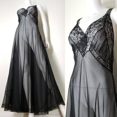 Vintage 30s 40s Sheer Black Full Sweep Nightgown ~ Size Large ~ Long Bias-Cut Rayon Chiffon Lace Bust ~ Hollywood Glamour Lingerie Nightgown 