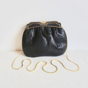 Vintage 1980's Black Leather Formal Purse Clutch Gold Metal Frame Shoulder Chain Cocktail Party Handbag Judith Leiber Style Ashneil 