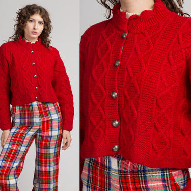 70s Red Scalloped Cable Knit Cardigan - Extra Large | Vintage Button Up Cropped Fisherman Sweater 
