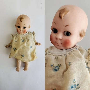 German Jointed Kewpie Baby Doll with Glass Eyes and Original Clothing - Antique Dolls - 5&amp;quot; Tall 