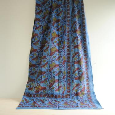 Vintage Blue Cotton Indian Tapestry Panel, Floral Butterfly Gauzy Cotton Fabric Panel 