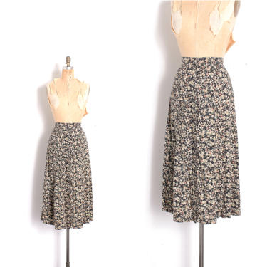 Vintage 1990s Skirt / 90s Floral Print Rayon Midi Skirt / Black &amp; Green ( small S ) 