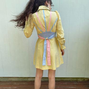 60s Mod Sunburst Preppy Cotton Gingham Belted Yellow Pastel Mini dress XS 